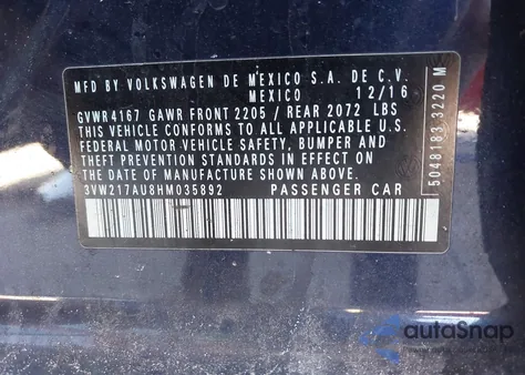 2017 Volkswagen Golf Tsi S 4-Door/Tsi Se 4-Door/Tsi Sel 4-Door/Tsi Wolfsburg Edition 4-Door из США, поврежденный, VIN 3VW217AU8HM035892